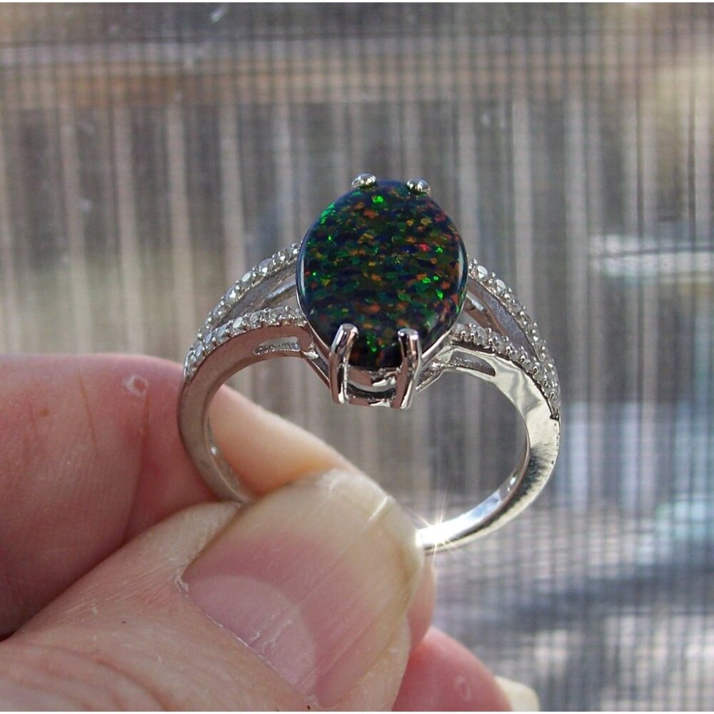 925 Sterling Silver Marquise Lab Created Green Black Opal CZ Ring - Picture 8 of 16